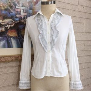 Exetera Metallic Silver Eyelet Trim Ruffle Shirt